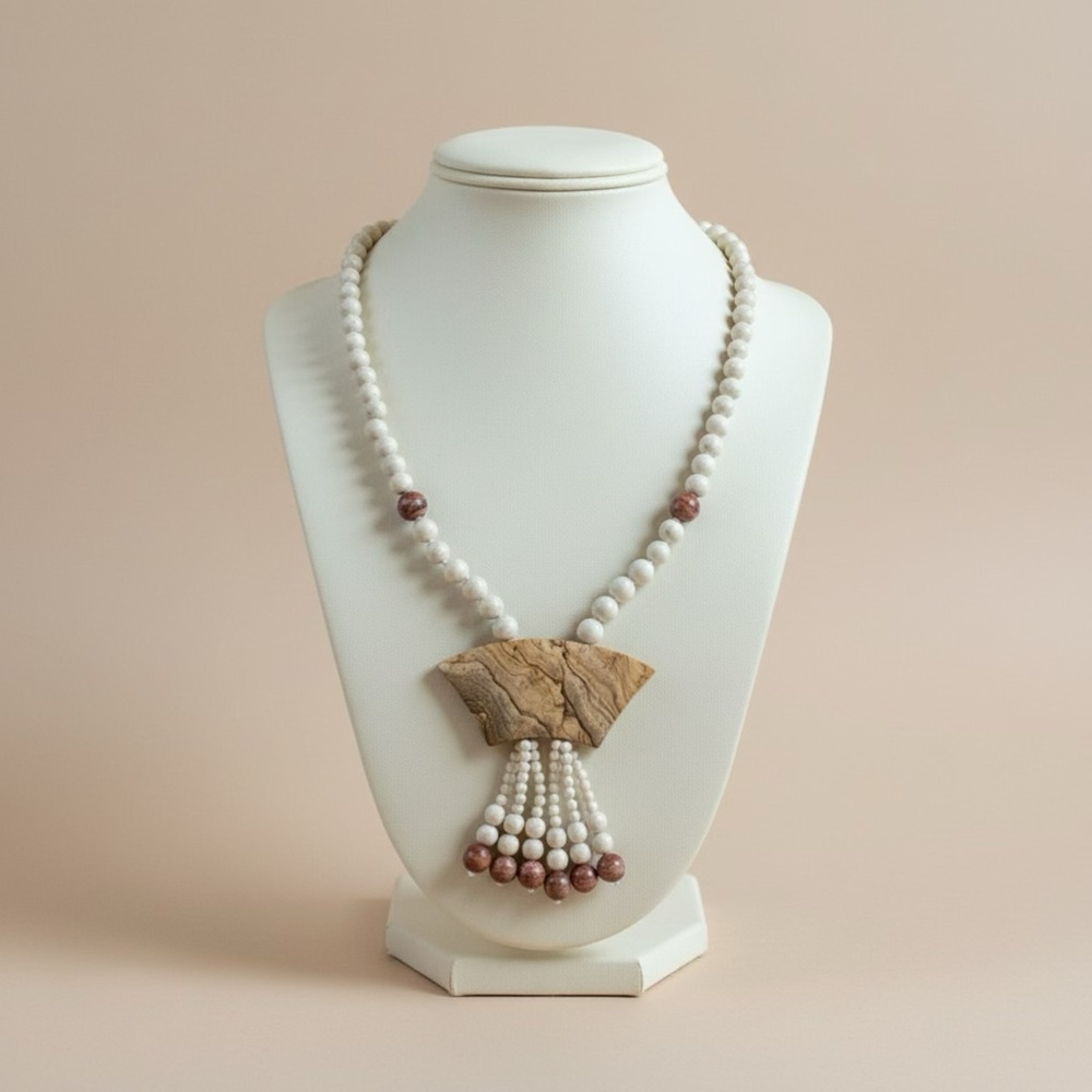 Natural Stone Necklace Hand Knotted Bead Tassel Statement 18”Boho Pendant